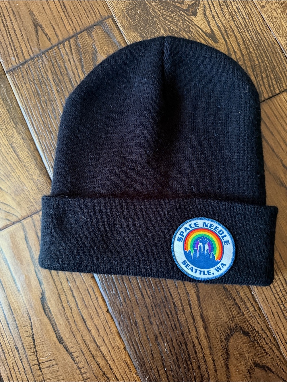 IMPULSIVE SPACE NEEDLE Seattle Rainbow Patch Black Beanie